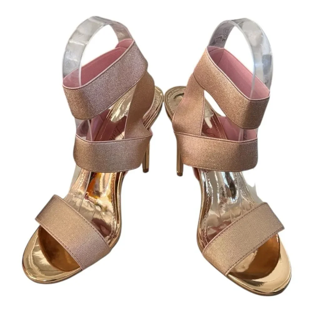 New Lauren Lorraine “Dallas” Shimmering Rose Gold Stiletto Sandals 7